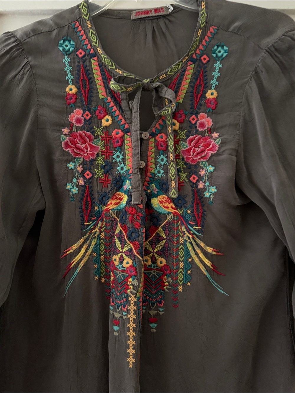Johnny Was Charcoal Blouse with Vibrant Multicolor Embroidery - Picture 2 of 6